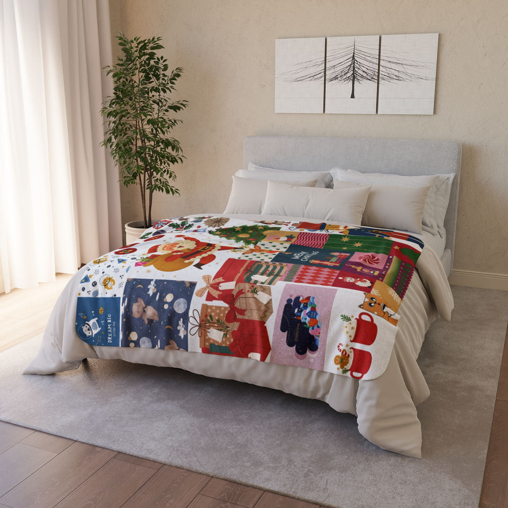 Christmas Patchwork Sherpa Fleece Blanket 50x60 | Santa & Nutcracker Quilt Look Throw | Merry Christmas Throw Blanket