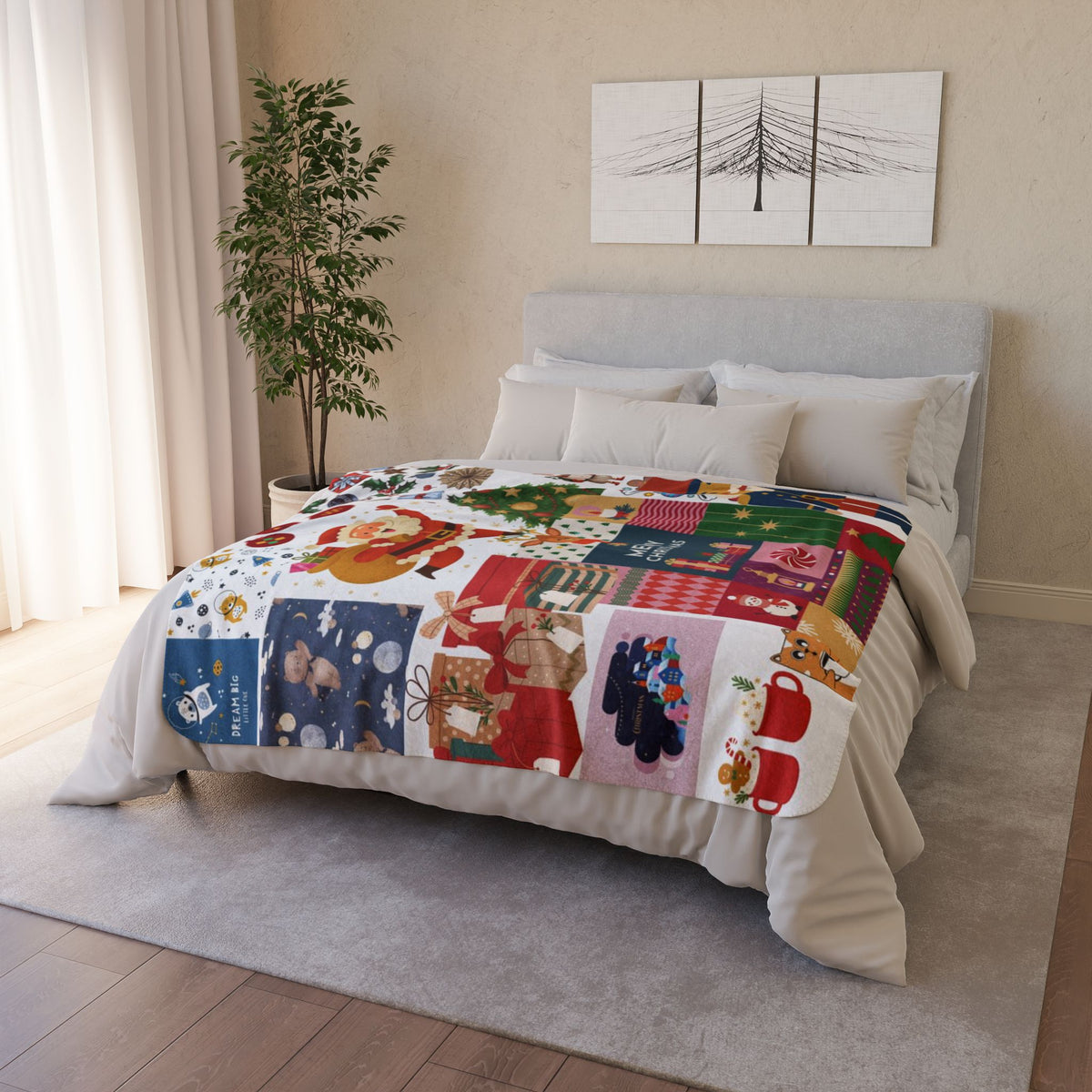 Christmas Patchwork Sherpa Fleece Blanket 50x60 | Santa & Nutcracker Quilt Look Throw | Merry Christmas Throw Blanket