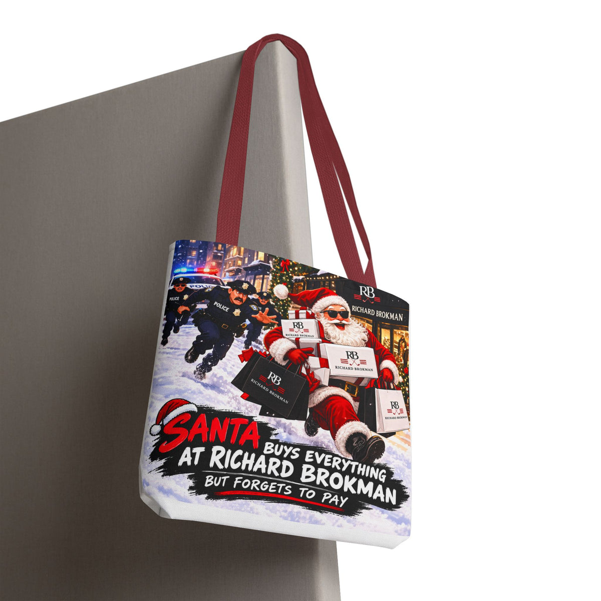 Christmas Santa Shopping Tote Bag | Santa Buys Everything at Richard Brokman | Canvas Holiday Gift Bag