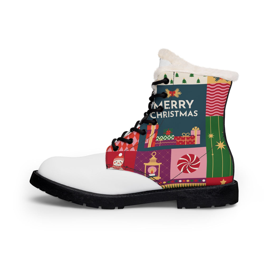 Christmas Fur Lined Boots for Women | Festive Patchwork Print Winter Boots | Merry Christmas Snowman & Gift Ankle Booties