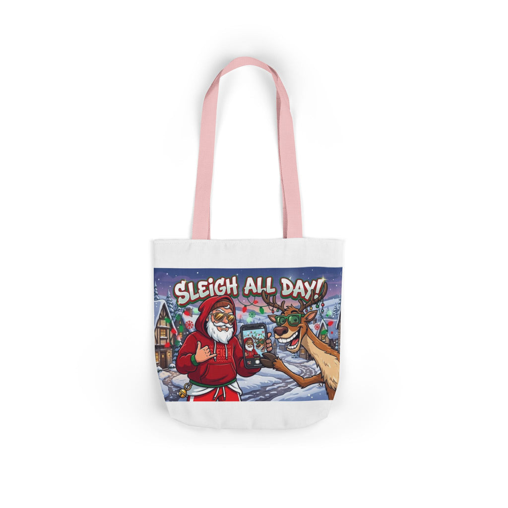 Sleigh All Day Christmas Tote Bag | Funny Santa & Reindeer All Over Print Canvas Tote | Holiday Gift Bag