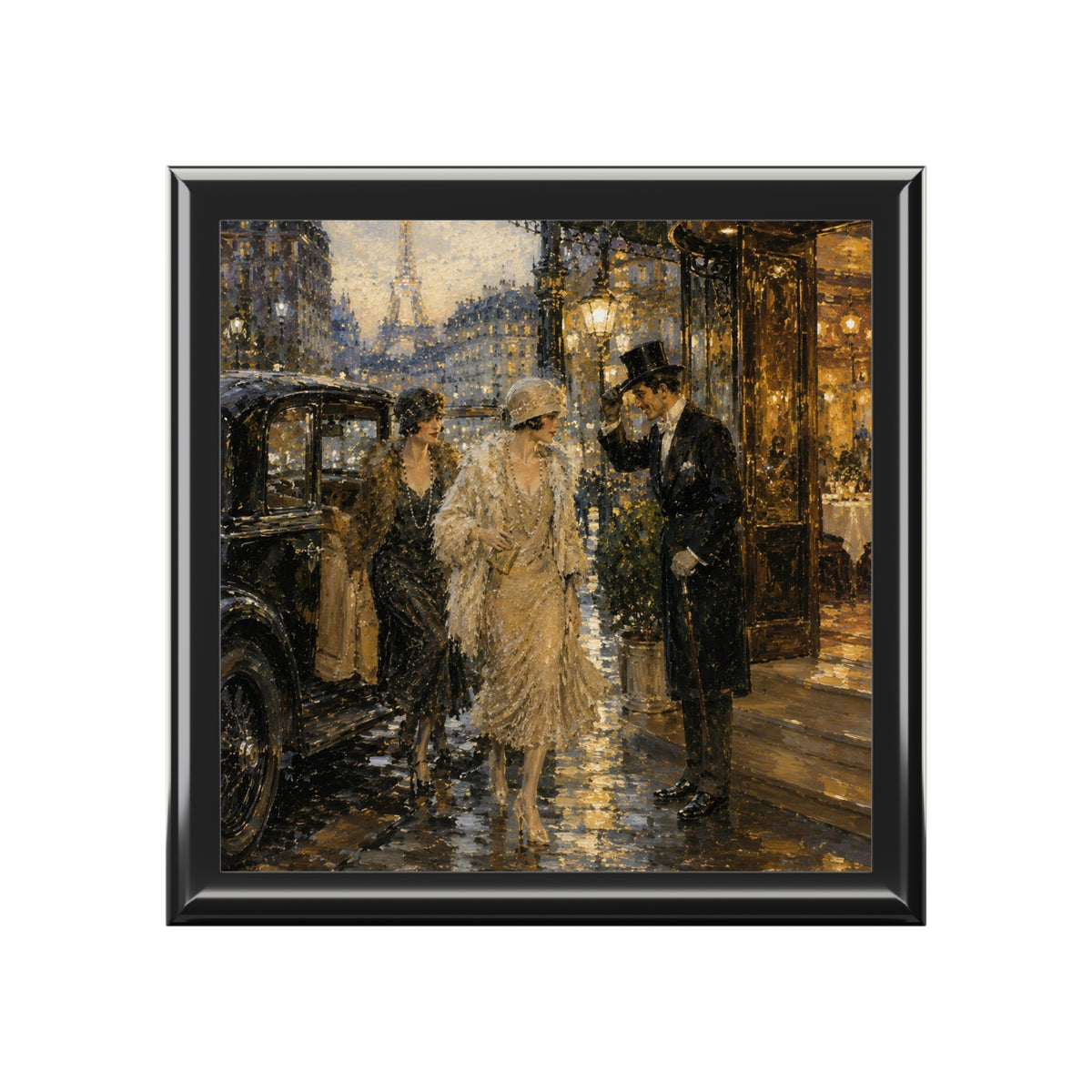 Vintage Paris Evening Jewelry Box | Art Deco Belle Époque Painting Keepsake Box | Ceramic Tile Lid Gift for Her