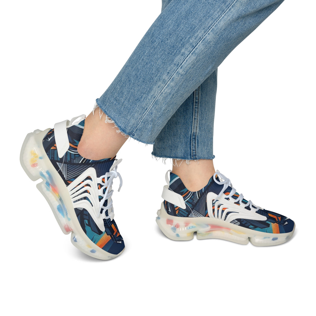Women's Abstract Cityscape Mesh Sneakers | Navy Teal & Orange City Art Print | Lightweight Chunky Athletic Shoes