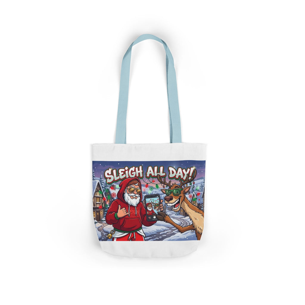 Sleigh All Day Christmas Tote Bag | Funny Santa & Reindeer All Over Print Canvas Tote | Holiday Gift Bag