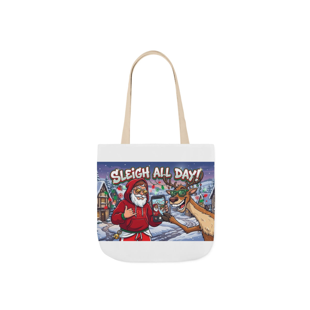 Sleigh All Day Christmas Tote Bag | Funny Santa & Reindeer All Over Print Canvas Tote | Holiday Gift Bag