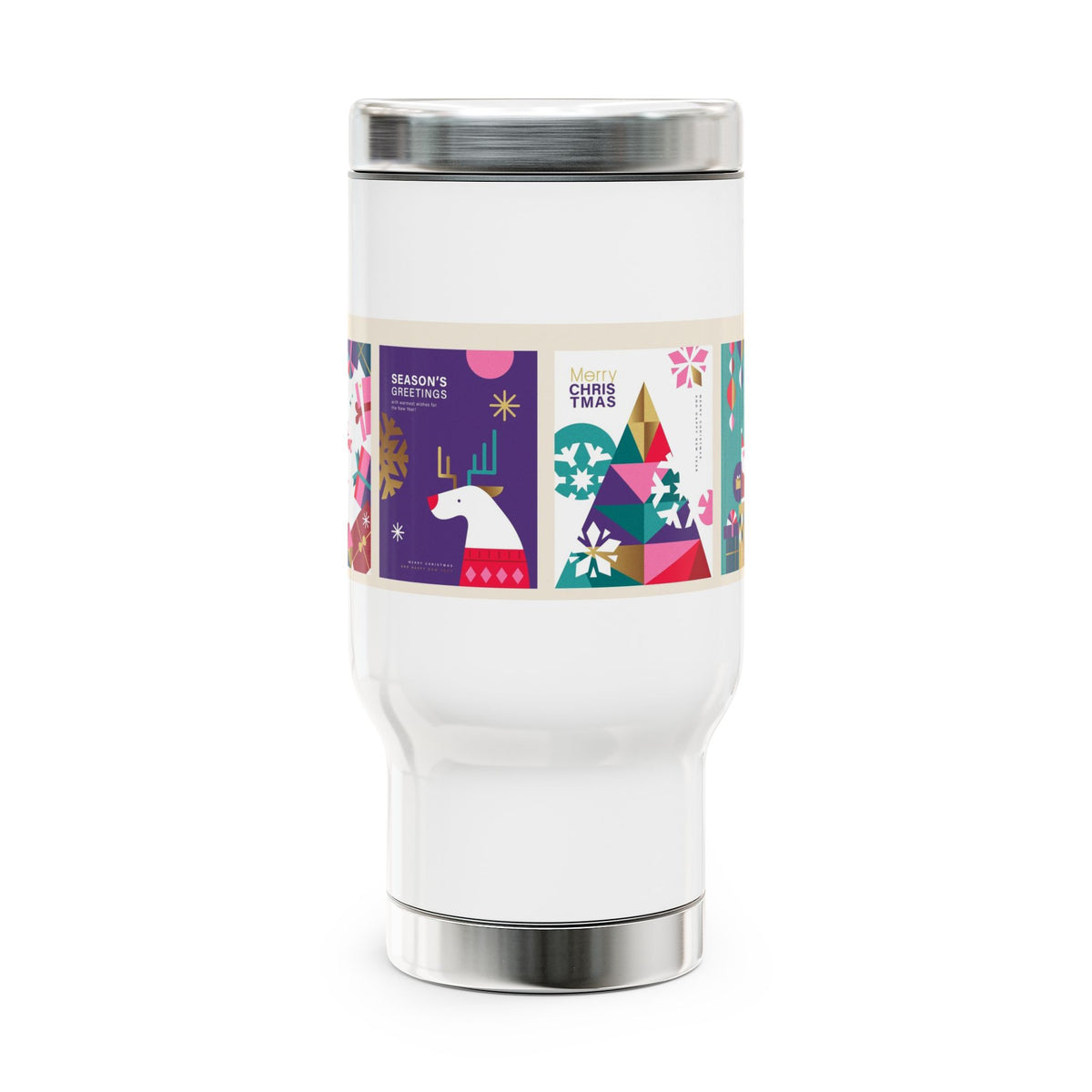 Christmas Travel Mug with Handle 14oz | Modern Holiday Art Collage | Insulated Stainless Steel Coffee Mug Gift