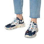 Women's Abstract Cityscape Mesh Sneakers | Navy Teal & Orange City Art Print | Lightweight Chunky Athletic Shoes