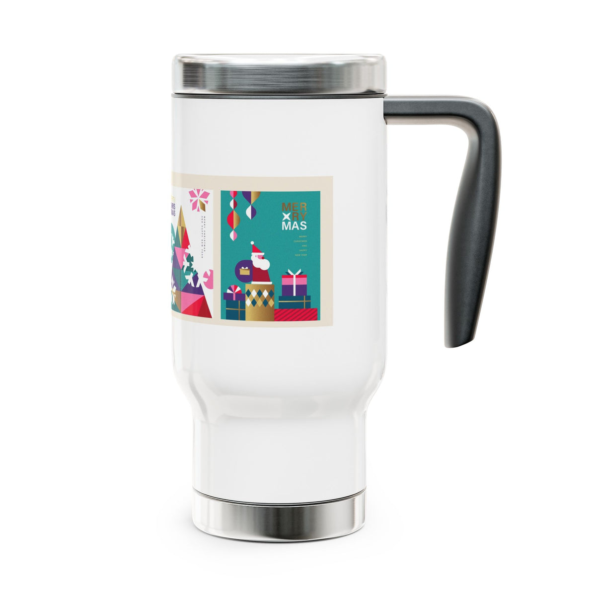 Christmas Travel Mug with Handle 14oz | Modern Holiday Art Collage | Insulated Stainless Steel Coffee Mug Gift