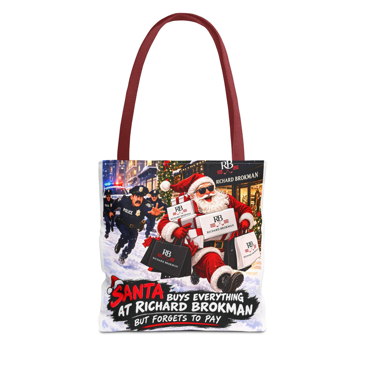 Christmas Santa Shopping Tote Bag | Santa Buys Everything at Richard Brokman | Canvas Holiday Gift Bag