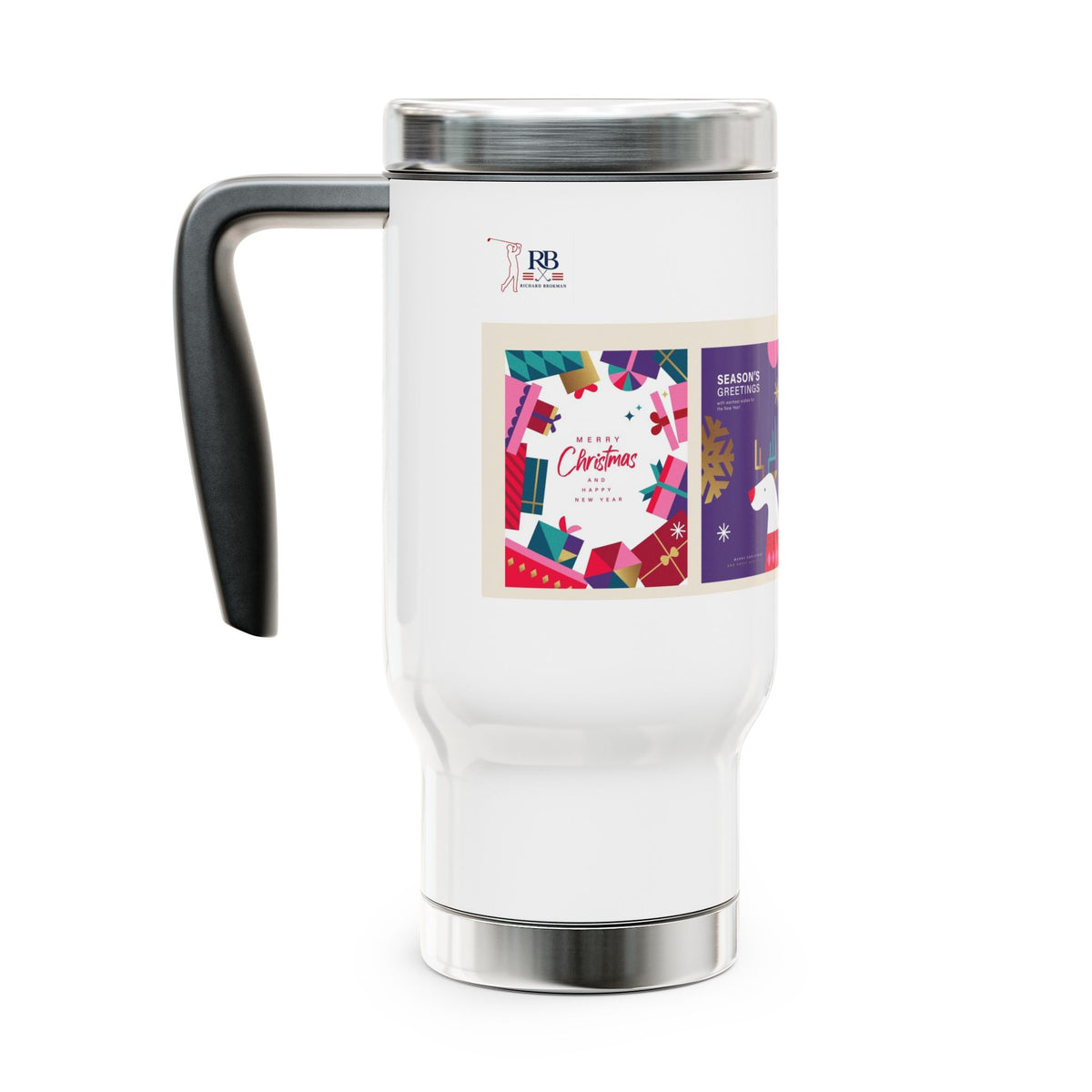 Christmas Travel Mug with Handle 14oz | Modern Holiday Art Collage | Insulated Stainless Steel Coffee Mug Gift