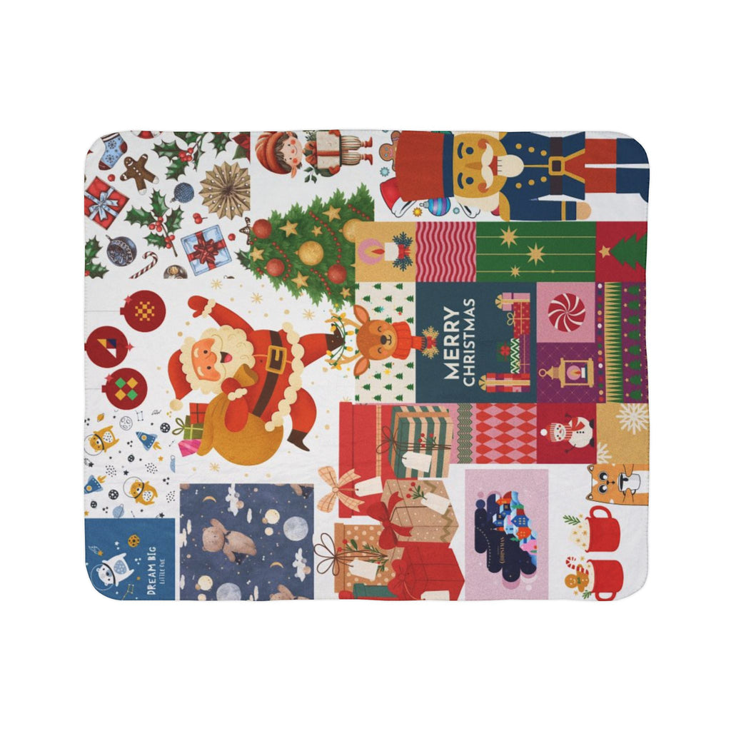 Christmas Patchwork Sherpa Fleece Blanket 50x60 | Santa & Nutcracker Quilt Look Throw | Merry Christmas Throw Blanket