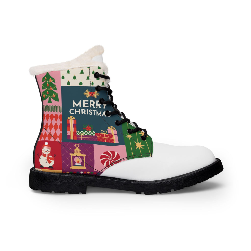 Christmas Fur Lined Boots for Women | Festive Patchwork Print Winter Boots | Merry Christmas Snowman & Gift Ankle Booties