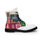 Christmas Fur Lined Boots for Women | Festive Patchwork Print Winter Boots | Merry Christmas Snowman & Gift Ankle Booties