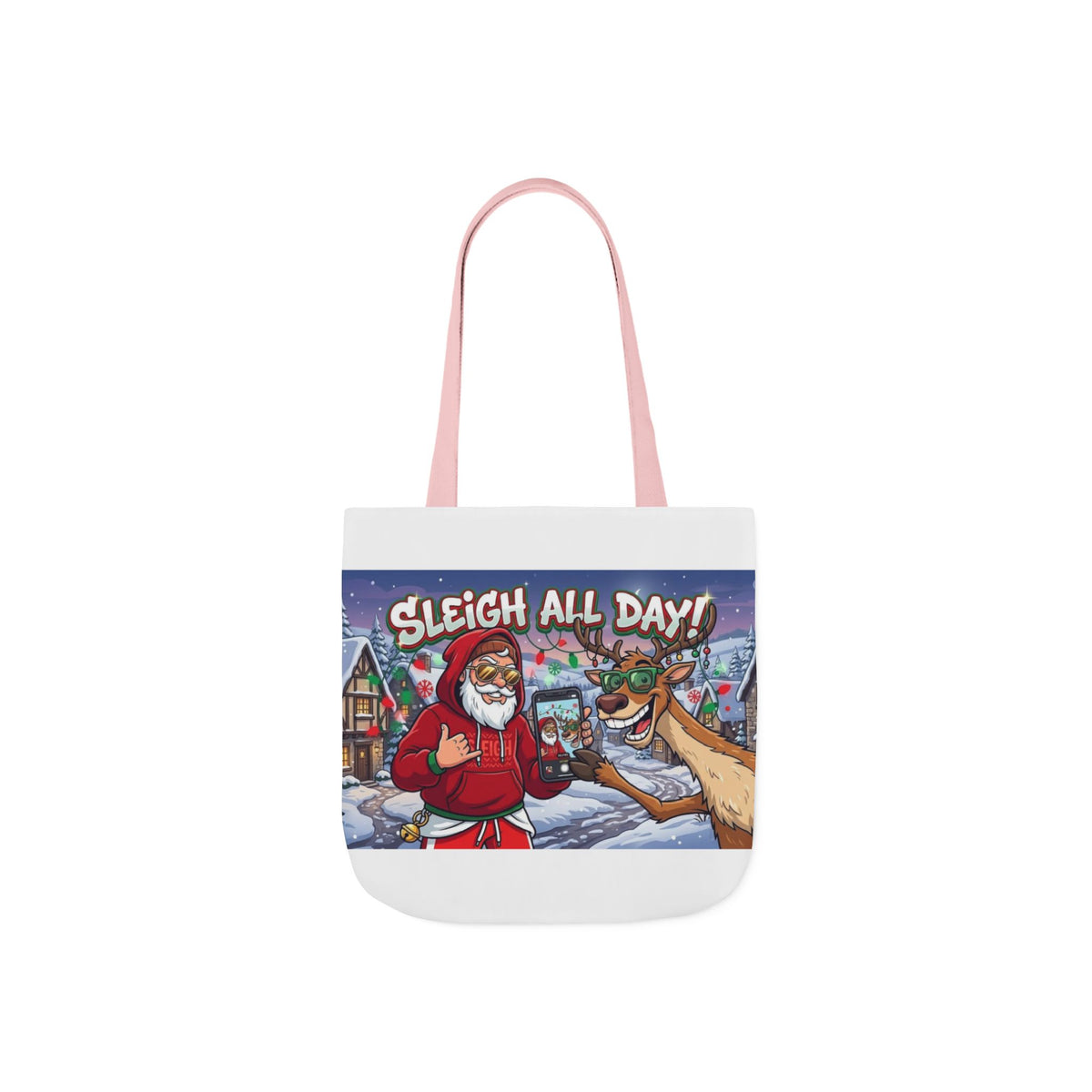 Sleigh All Day Christmas Tote Bag | Funny Santa & Reindeer All Over Print Canvas Tote | Holiday Gift Bag