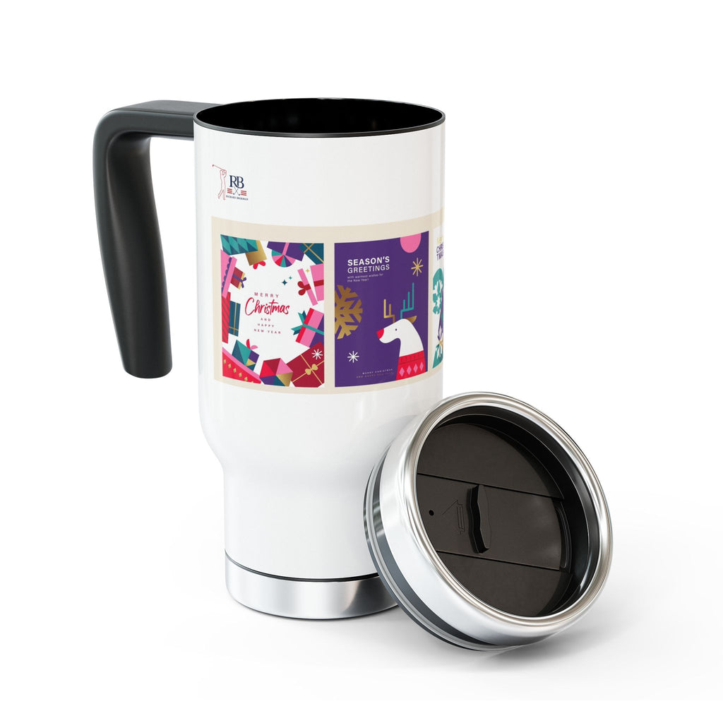 Christmas Travel Mug with Handle 14oz | Modern Holiday Art Collage | Insulated Stainless Steel Coffee Mug Gift