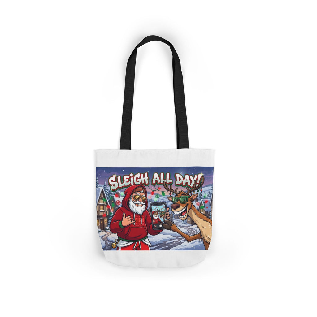 Sleigh All Day Christmas Tote Bag | Funny Santa & Reindeer All Over Print Canvas Tote | Holiday Gift Bag