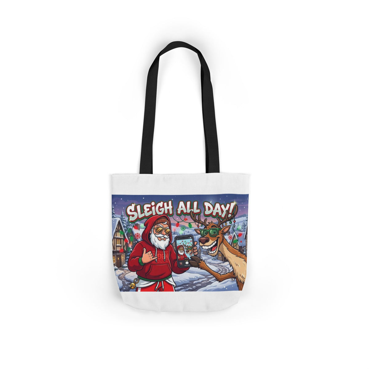 Sleigh All Day Christmas Tote Bag | Funny Santa & Reindeer All Over Print Canvas Tote | Holiday Gift Bag