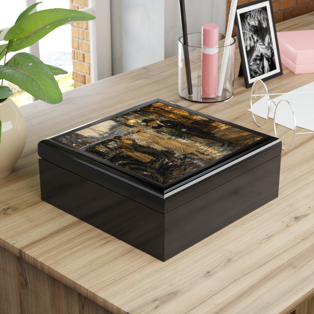 Vintage Paris Evening Jewelry Box | Art Deco Belle Époque Painting Keepsake Box | Ceramic Tile Lid Gift for Her