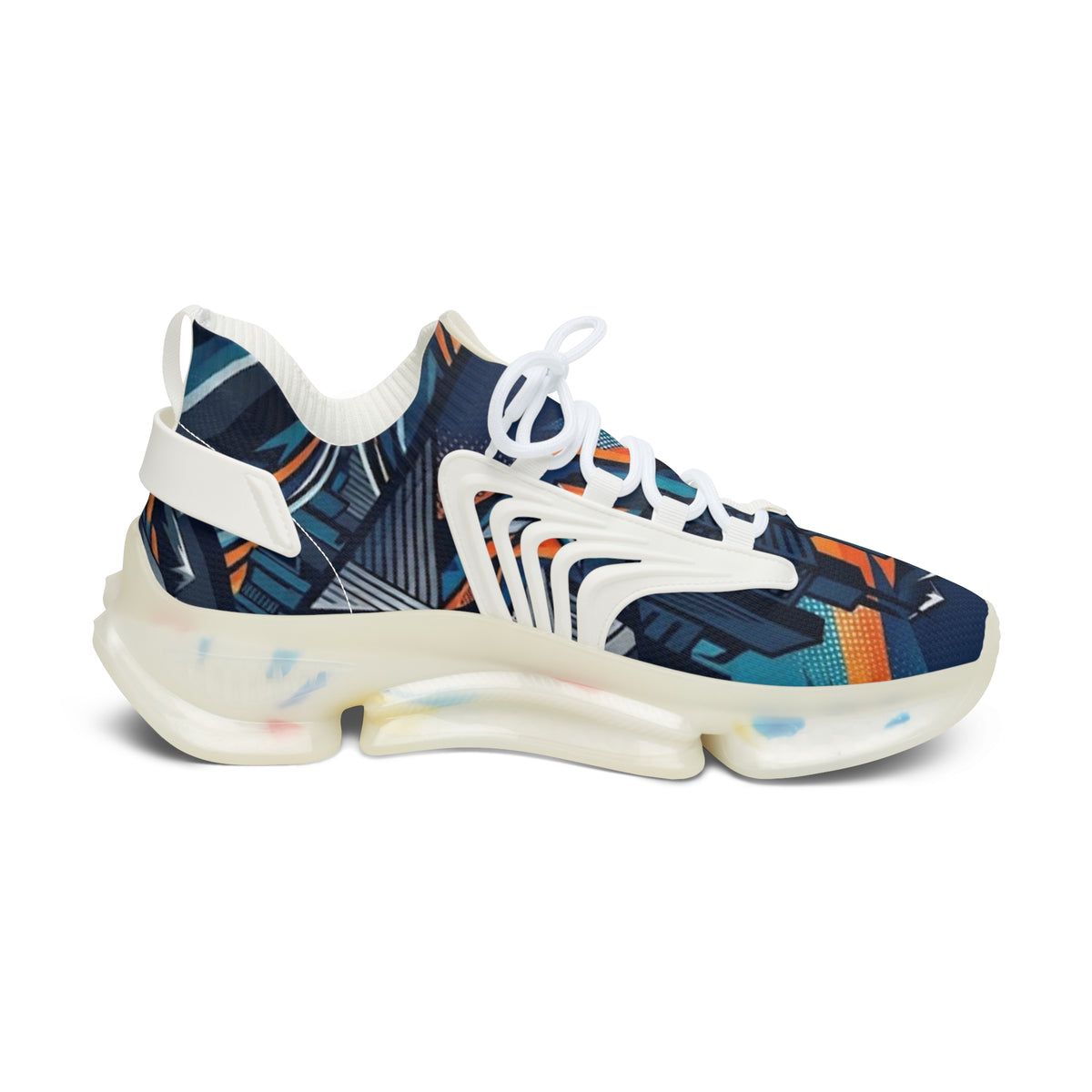 Women's Abstract Cityscape Mesh Sneakers | Navy Teal & Orange City Art Print | Lightweight Chunky Athletic Shoes