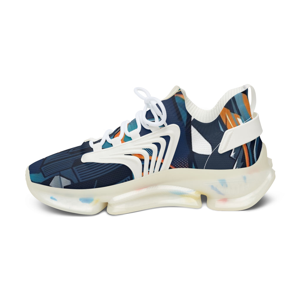 Women's Abstract Cityscape Mesh Sneakers | Navy Teal & Orange City Art Print | Lightweight Chunky Athletic Shoes