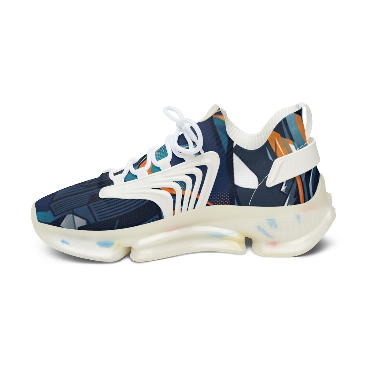 Women's Abstract Cityscape Mesh Sneakers | Navy Teal & Orange City Art Print | Lightweight Chunky Athletic Shoes