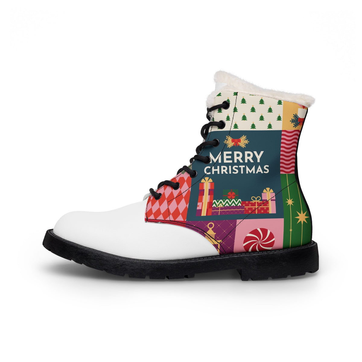 Christmas Fur Lined Boots for Women | Festive Patchwork Print Winter Boots | Merry Christmas Snowman & Gift Ankle Booties