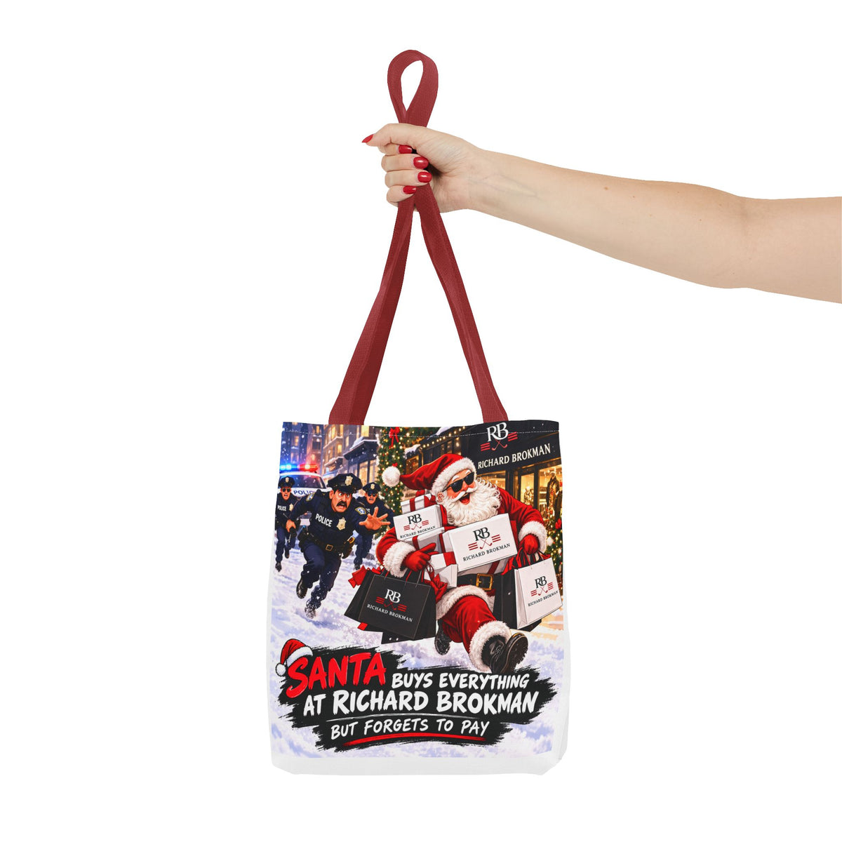 Christmas Santa Shopping Tote Bag | Santa Buys Everything at Richard Brokman | Canvas Holiday Gift Bag