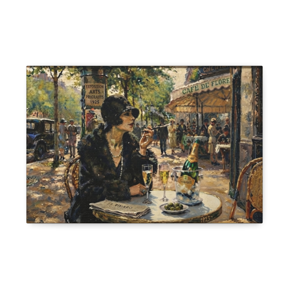 Parisian Café Woman Canvas Wall Art | Vintage 1920s Paris Bistro Painting | Stretched Canvas Print 12x8