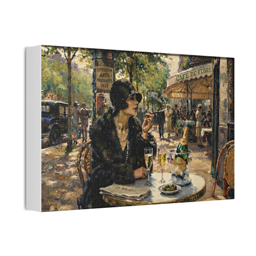 Parisian Café Woman Canvas Wall Art | Vintage 1920s Paris Bistro Painting | Stretched Canvas Print 12x8