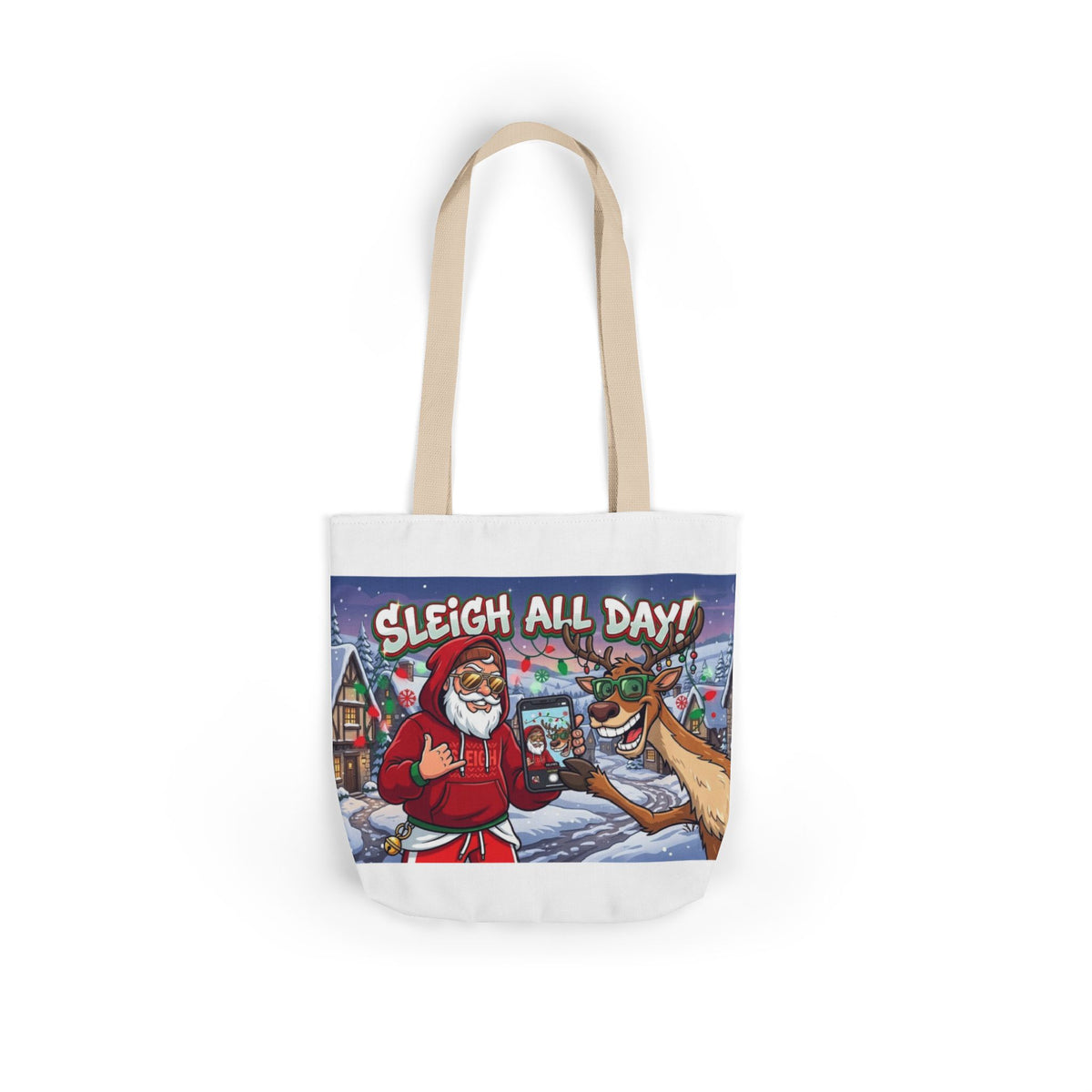 Sleigh All Day Christmas Tote Bag | Funny Santa & Reindeer All Over Print Canvas Tote | Holiday Gift Bag