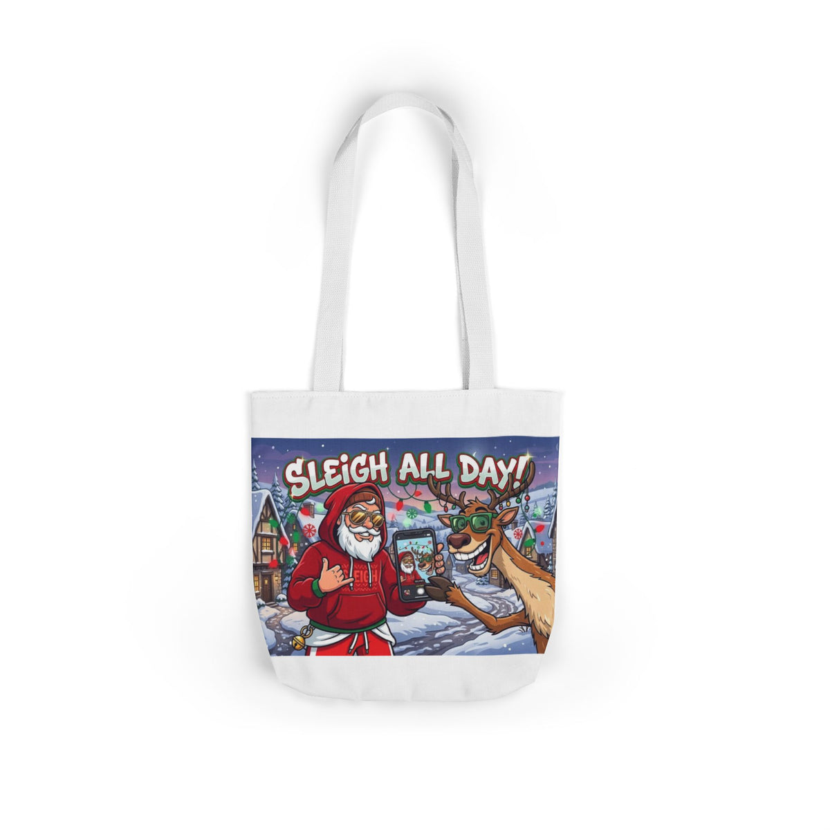 Sleigh All Day Christmas Tote Bag | Funny Santa & Reindeer All Over Print Canvas Tote | Holiday Gift Bag