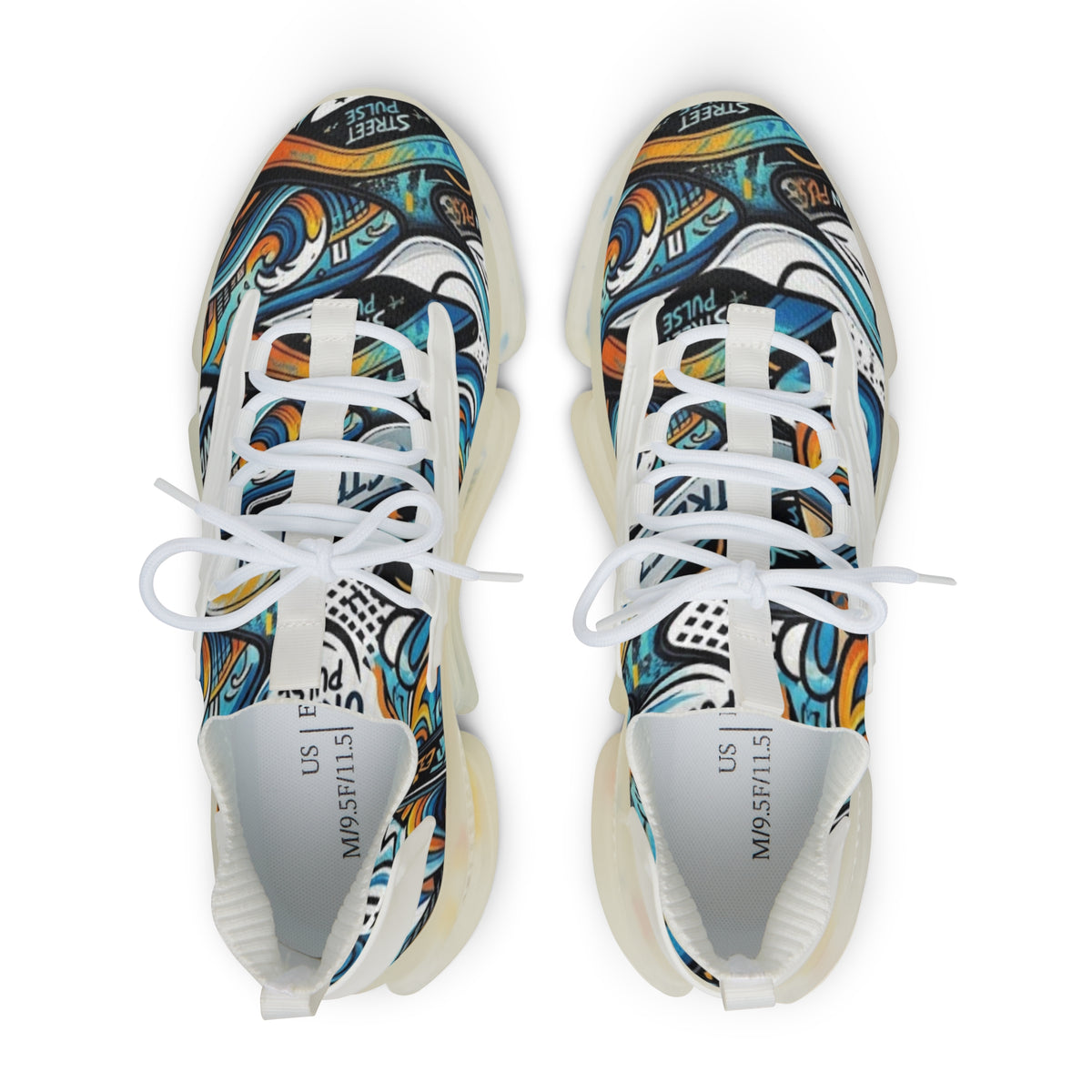 Men's Mesh Sneakers | Abstract Teal & Orange Graffiti Art Print | Lightweight Breathable Athletic Running Shoes