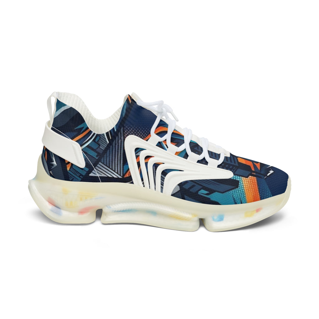 Women's Abstract Cityscape Mesh Sneakers | Navy Teal & Orange City Art Print | Lightweight Chunky Athletic Shoes