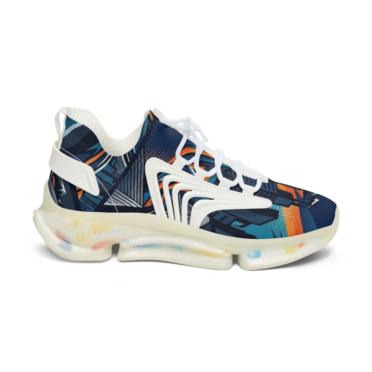 Women's Abstract Cityscape Mesh Sneakers | Navy Teal & Orange City Art Print | Lightweight Chunky Athletic Shoes