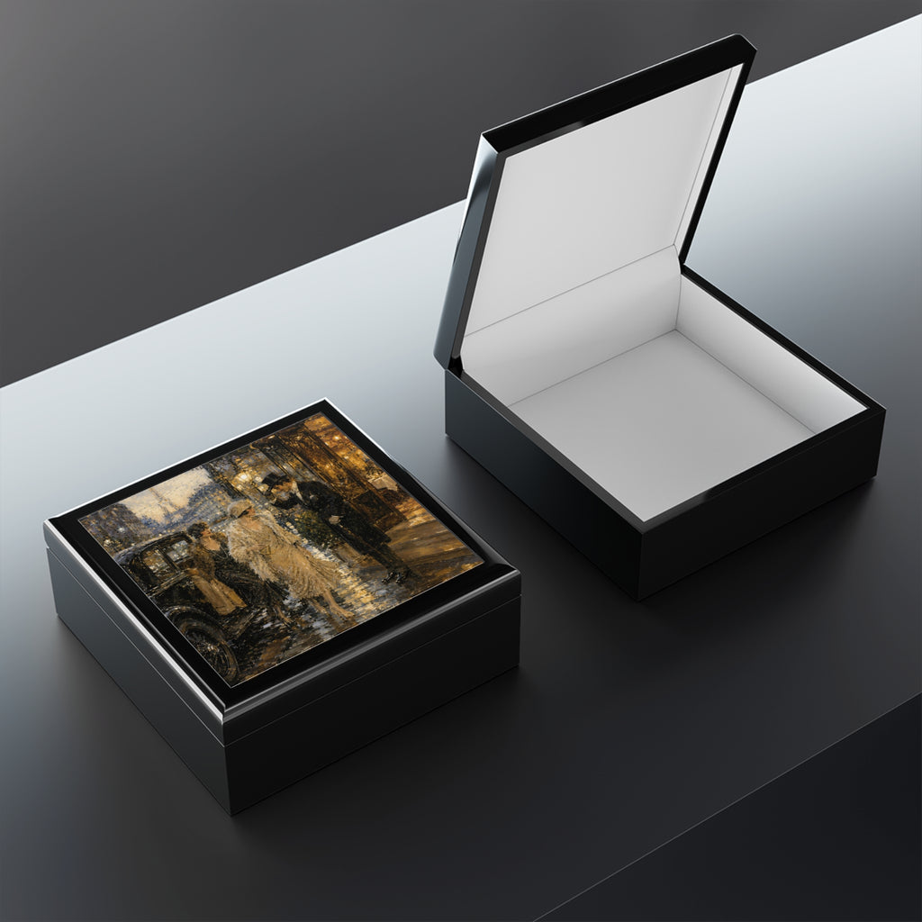 Vintage Paris Evening Jewelry Box | Art Deco Belle Époque Painting Keepsake Box | Ceramic Tile Lid Gift for Her
