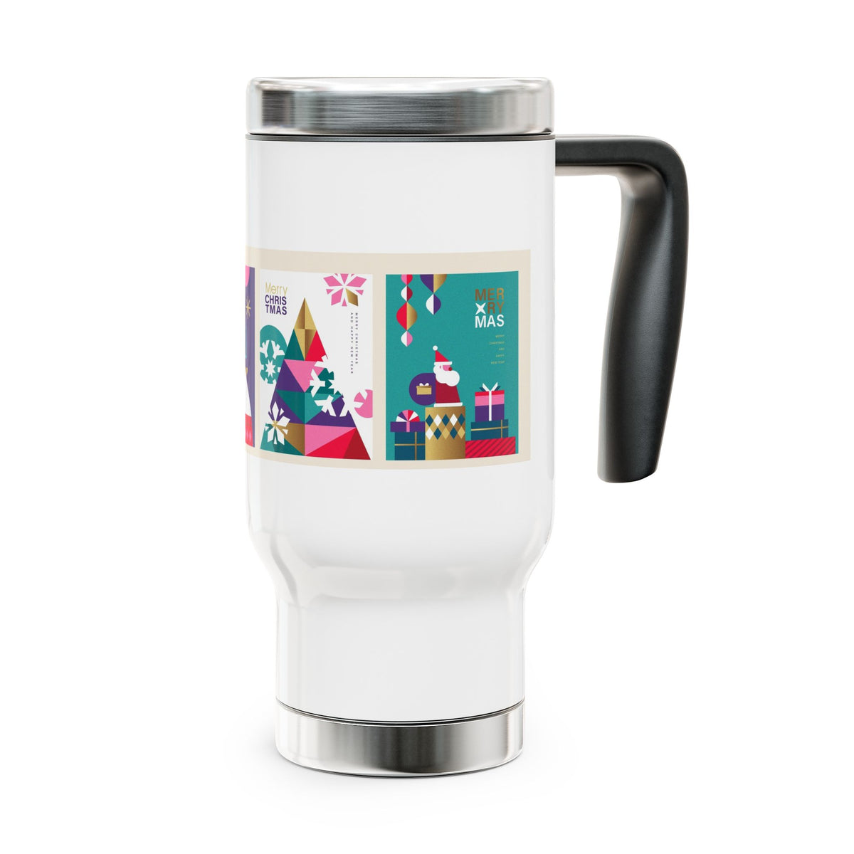 Christmas Travel Mug with Handle 14oz | Modern Holiday Art Collage | Insulated Stainless Steel Coffee Mug Gift