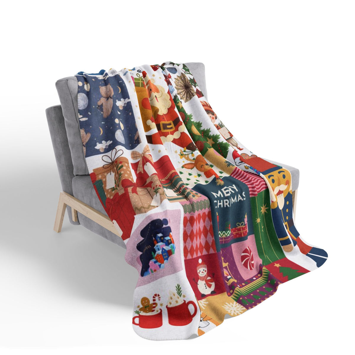 Christmas Patchwork Sherpa Fleece Blanket 50x60 | Santa & Nutcracker Quilt Look Throw | Merry Christmas Throw Blanket