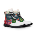 Christmas Fur Lined Boots for Women | Festive Patchwork Print Winter Boots | Merry Christmas Snowman & Gift Ankle Booties