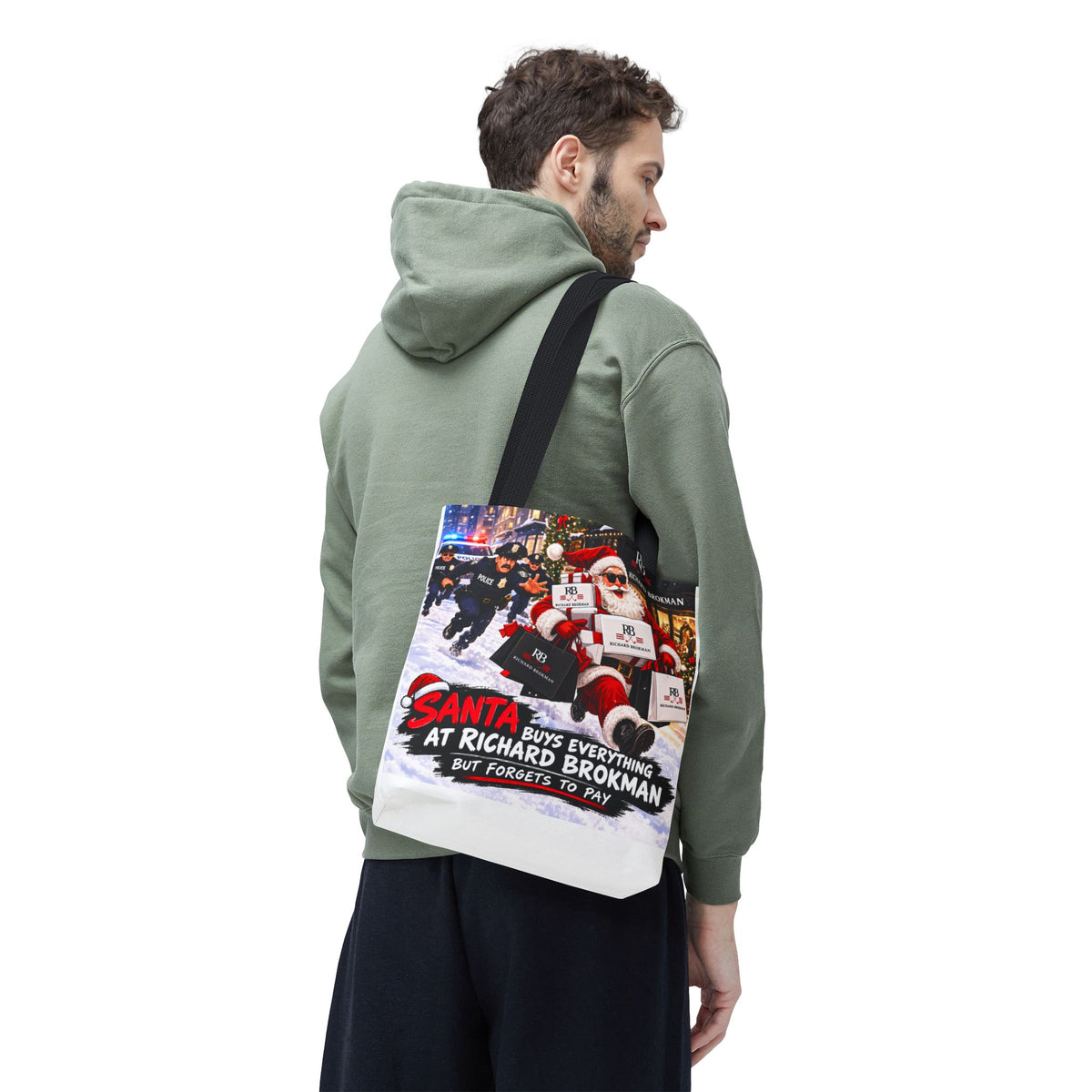 Christmas Santa Shopping Tote Bag | Santa Buys Everything at Richard Brokman | Canvas Holiday Gift Bag