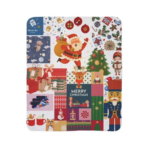 Christmas Patchwork Sherpa Fleece Blanket 50x60 | Santa & Nutcracker Quilt Look Throw | Merry Christmas Throw Blanket
