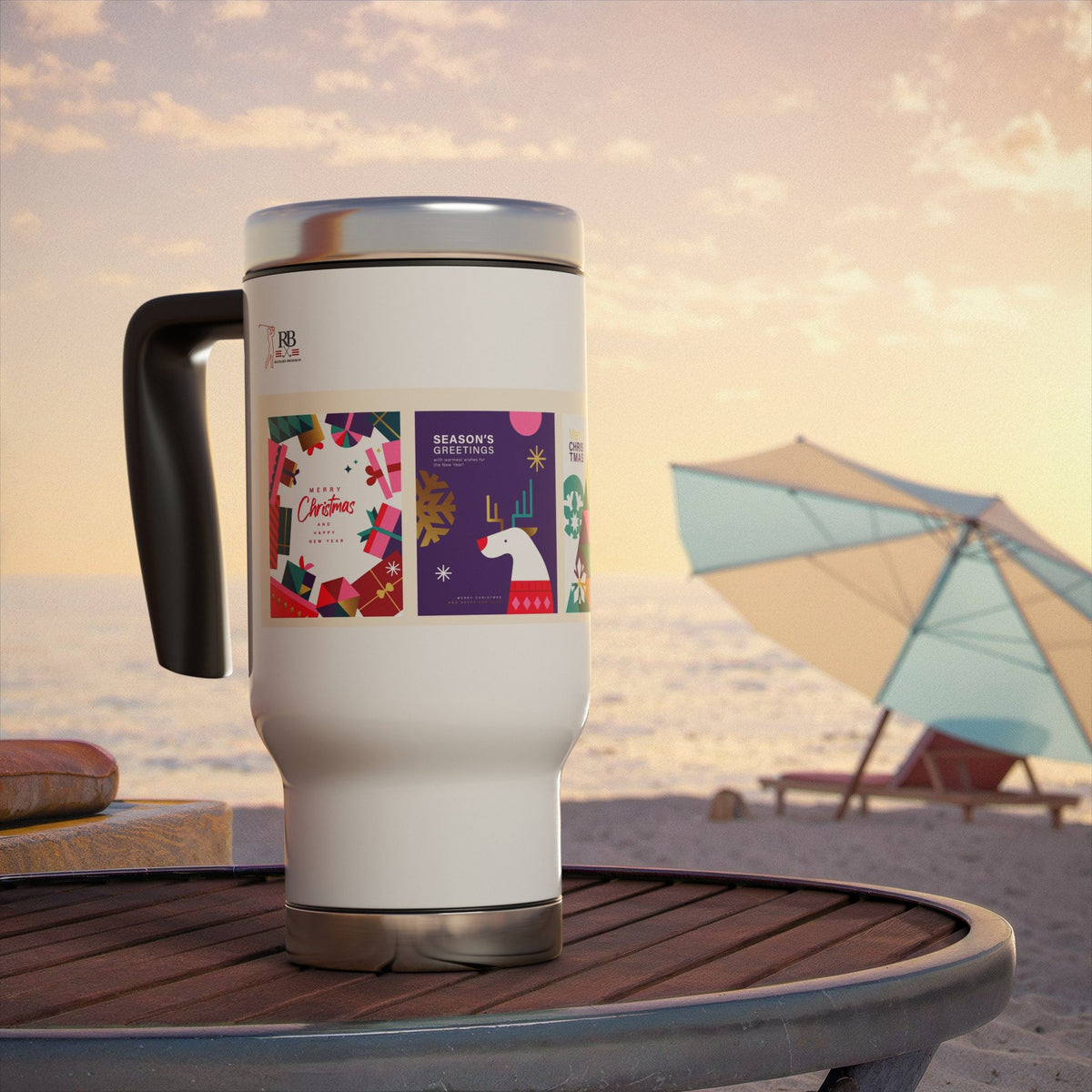 Christmas Travel Mug with Handle 14oz | Modern Holiday Art Collage | Insulated Stainless Steel Coffee Mug Gift