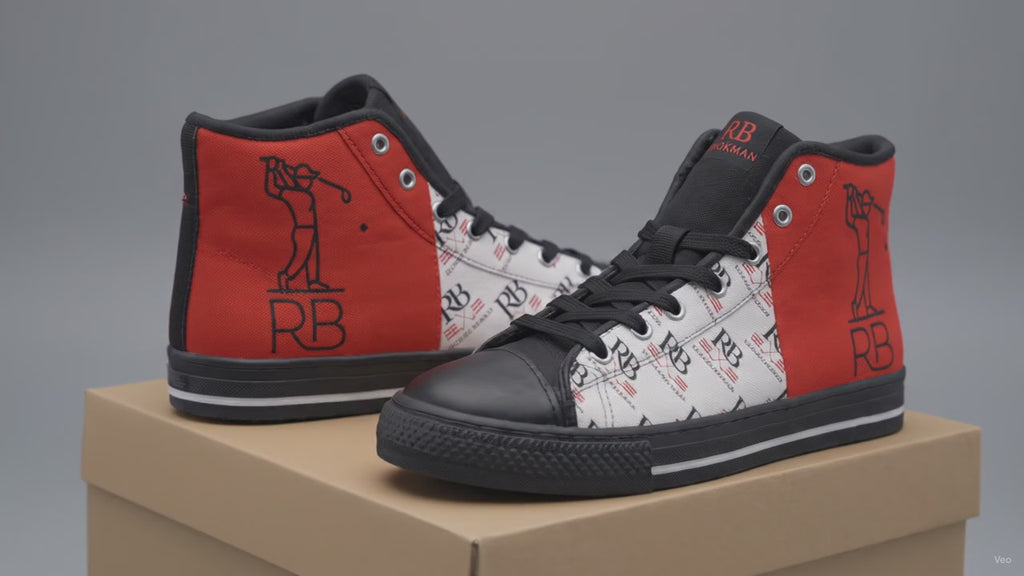 Women's Golf High-Top Sneakers | Red Panel RB Monogram Pattern Canvas Shoes | Richard Brokman