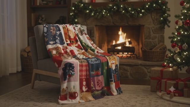Christmas Patchwork Sherpa Fleece Blanket 50x60 | Santa & Nutcracker Quilt Look Throw | Merry Christmas Throw Blanket