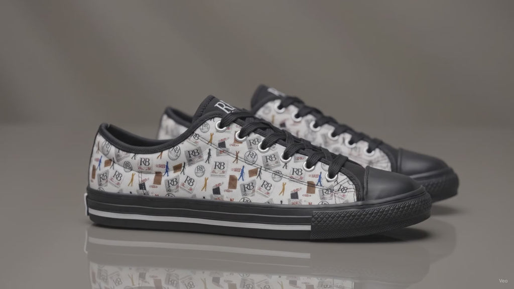 Men's Vintage Camera Pattern Sneakers | Retro Icon Collage Low Top Canvas Shoes | Photographer Gift